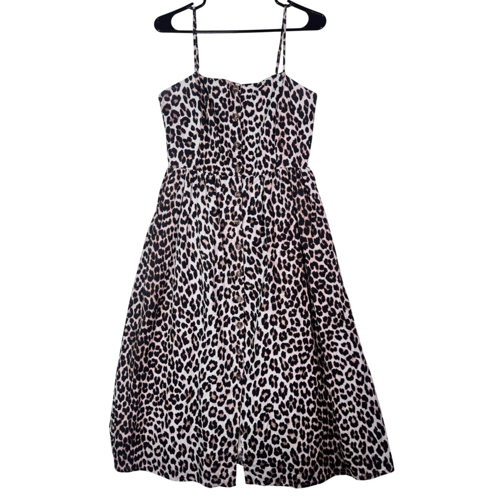 HM Women Leopard Print Linen Blend Midi Sundress Tan Black Size S Boho Vacation